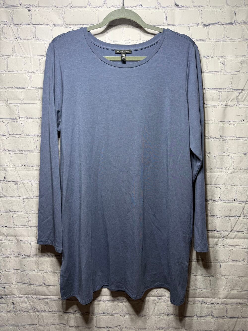 Eileen Fisher Long Sleeve Scoop Neck Tunic Top Blue Sz XL Stretch Lagenlook